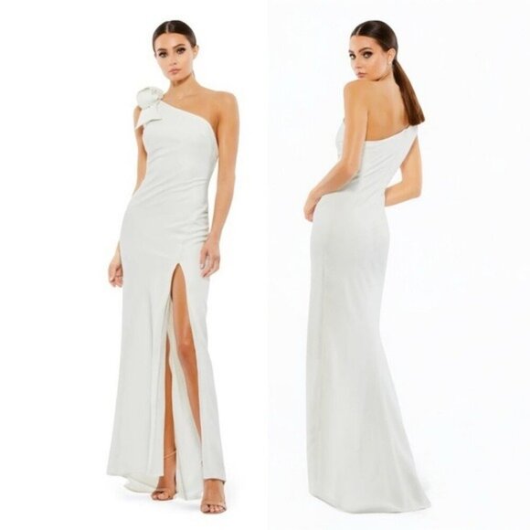 🌻NEW w.Tag MAC DUGGAL White One Shoulder Fitted Evening Gown With Bow Size 8 - Picture 1 of 13